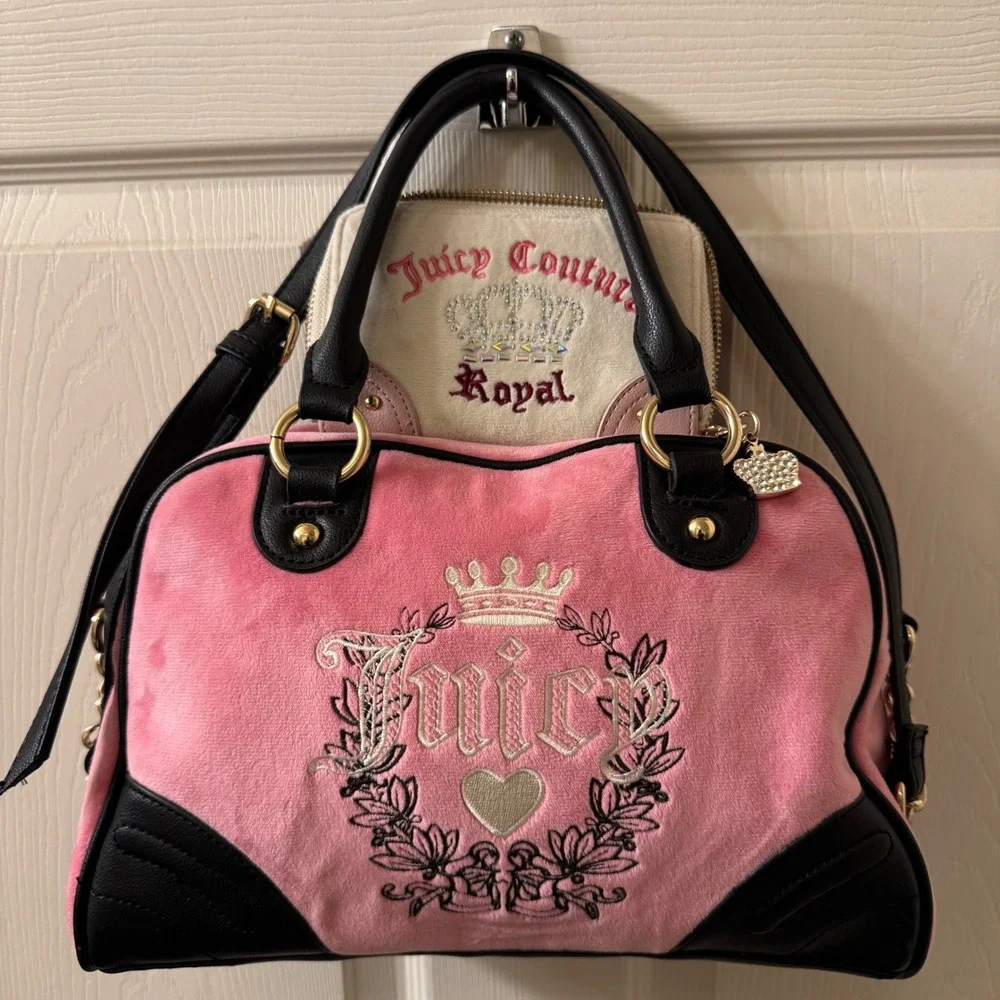 Vintage Y2K Juicy Couture Pink Velour Satchel Bag and Matching Wallet Set Rare